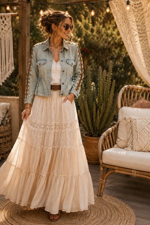 Free People Jackets & Blazers - Free People Women’s Denim Jacket XS Peplum Printed Trim Button Front Boho Blue